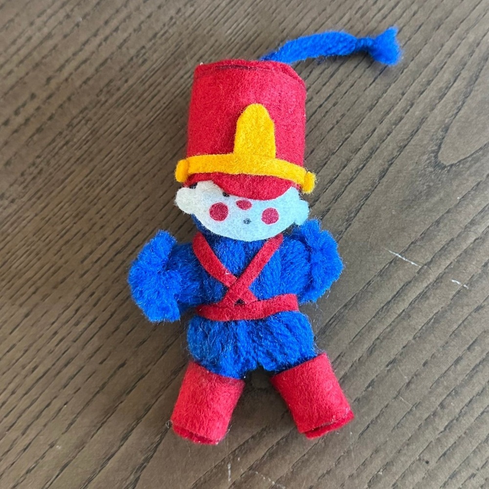 Vintage 1970s Hallmark Felt Yarn Toy Soldier Christmas Ornament Red Blue 4.5''